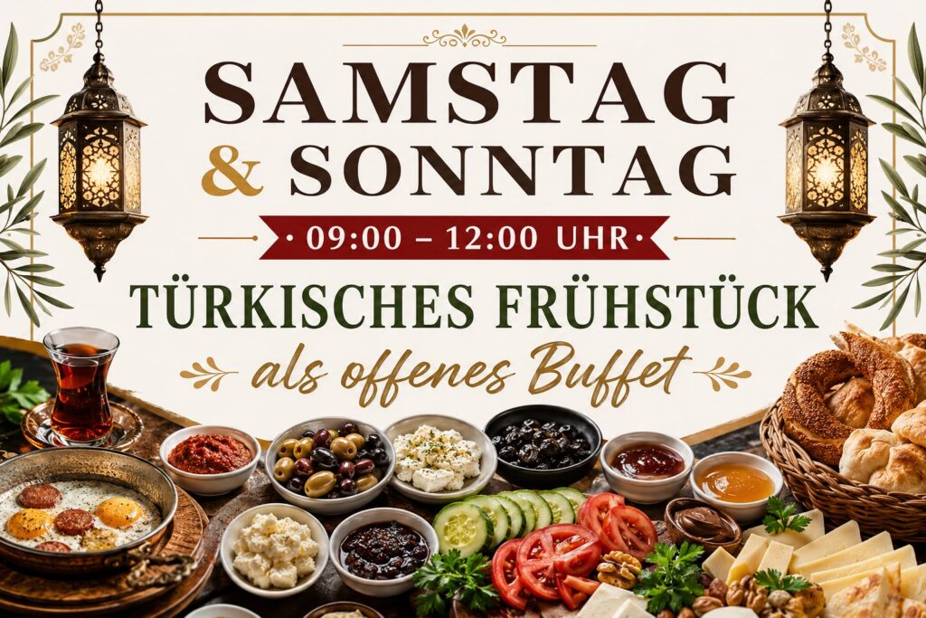 Türkisches Frühstücksbuffet im Divan Linter
Genießen Sie den perfekten Start ins Wochenende mit unserem traditionellen türkischen Frühstücksbuffet!

Jeden Samstag und Sonntag von 09:00 bis 12:00 Uhr erwartet Sie im Divan Linter ein reichhaltiges Frühstückserlebnis mit einer großen Auswahl an frisch zubereiteten, türkischen Spezialitäten.